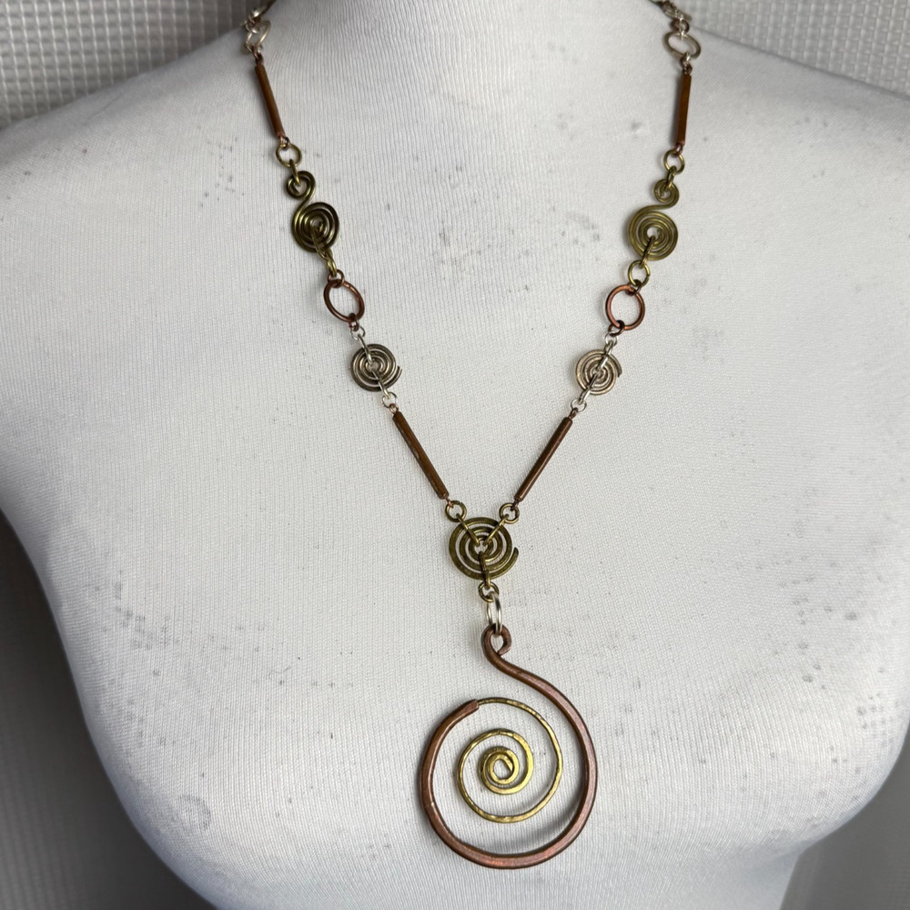 Handmade Artisan Necklace Mixed Metal Copper 10k Gold Silver Plated Modernist